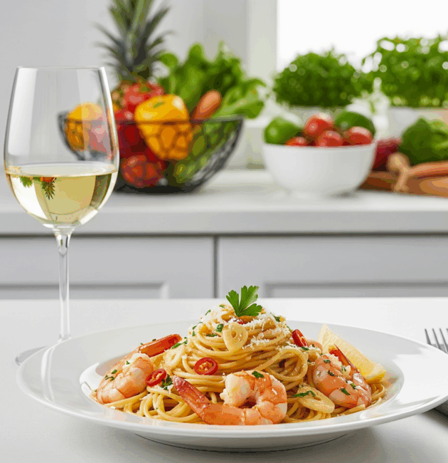 Spaghete cu creveți sotați în unt, ulei de măsline, usturoi și fulgi de chili, servite cu pătrunjel și parmezan.