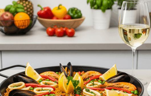 Paella spaniolă cu fructe de mare – creveți, midii și calamar, cu orez galben cu șofran, ardei și mazăre.