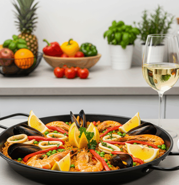 Paella spaniolă cu fructe de mare – creveți, midii și calamar, cu orez galben cu șofran, ardei și mazăre.