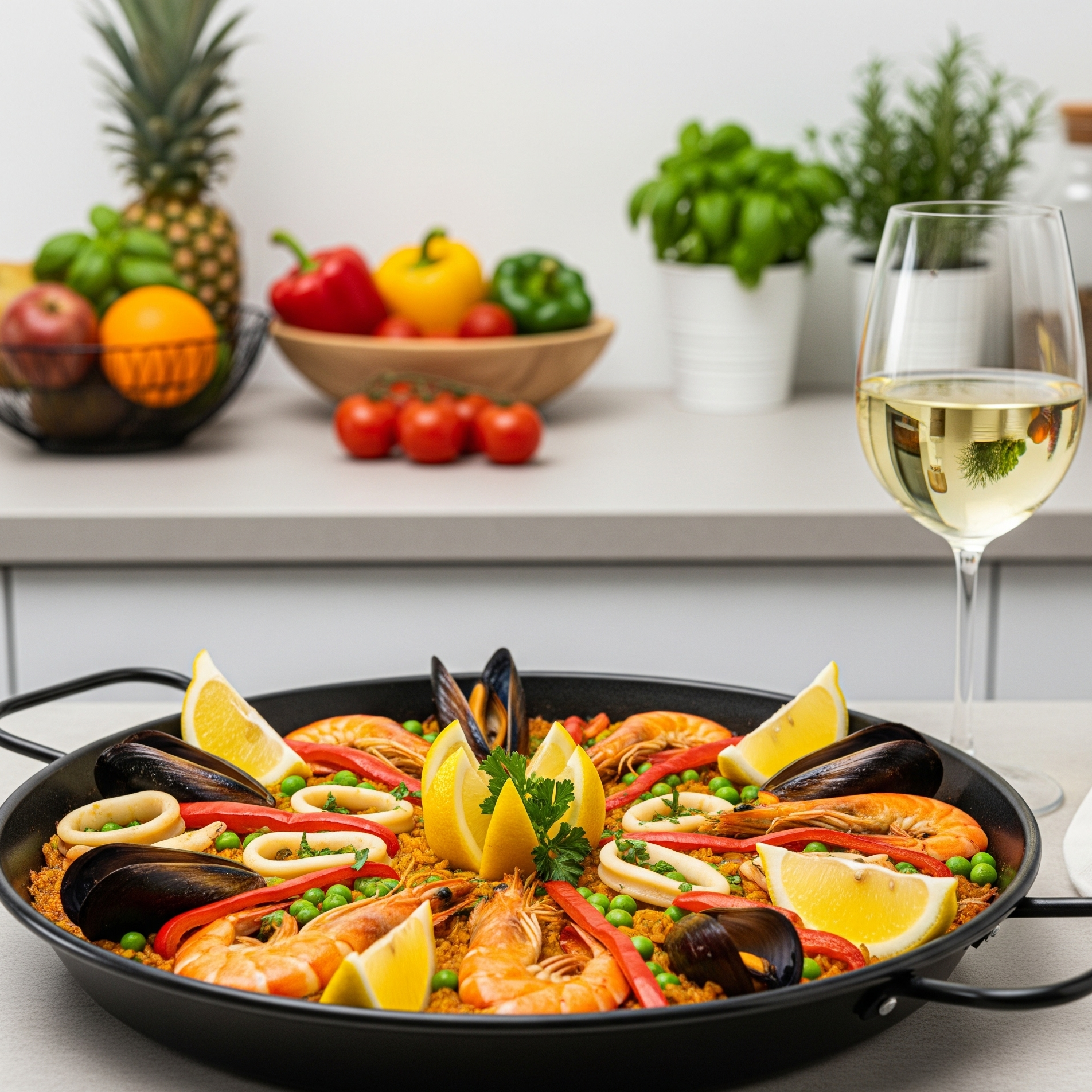 Paella spaniolă cu fructe de mare – creveți, midii și calamar, cu orez galben cu șofran, ardei și mazăre.