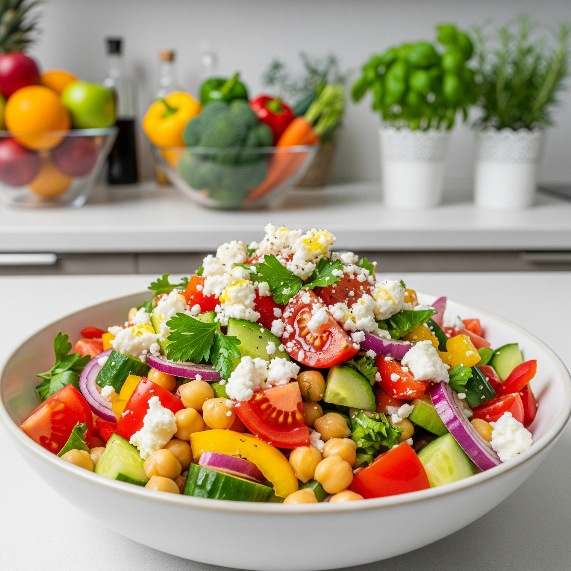 Salată de năut cu roșii, castraveți, ardei gras și brânză feta, servită într-un bol modern