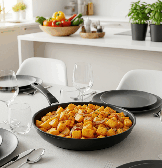 Cartofi țărănești cu ceapă caramelizată și boia dulce, serviți calzi în tigaie neagră