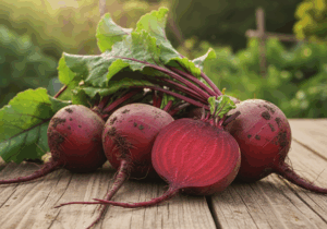 Buchet de sfecle roșii proaspete, cu frunze verzi, pe o masă de lemn, una tăiată la jumătate.