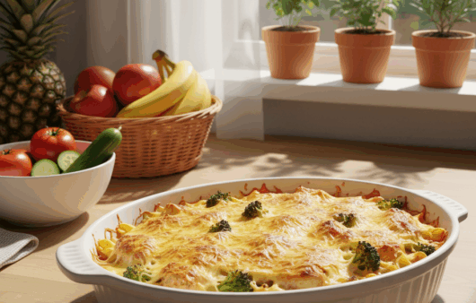 Tavă albă cu paste gratinate, pui și broccoli, pe blat de bucătărie modernă
