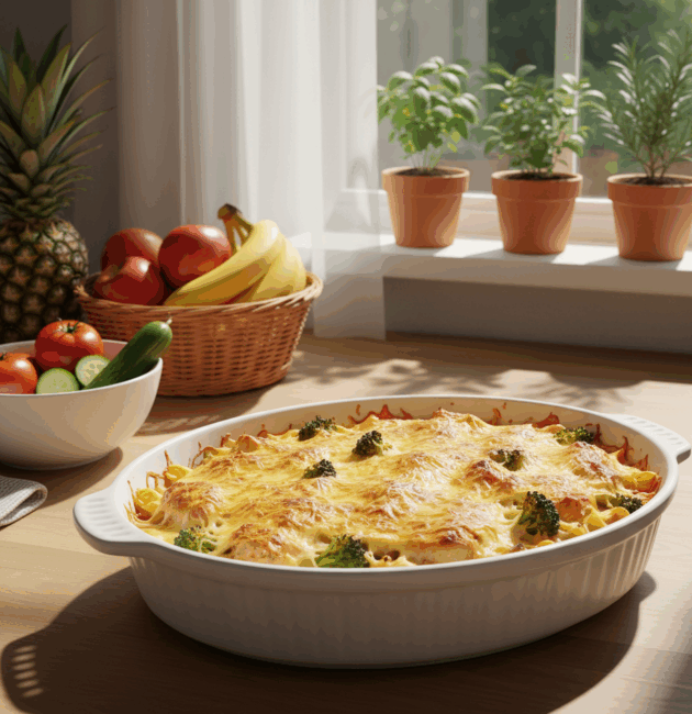 Tavă albă cu paste gratinate, pui și broccoli, pe blat de bucătărie modernă