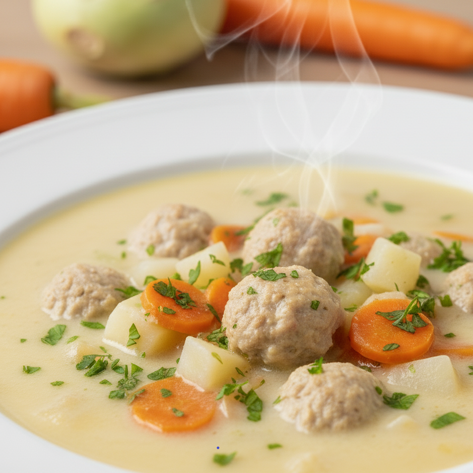 Supă de gulii cu perișoare și legume, servită într-o farfurie albă