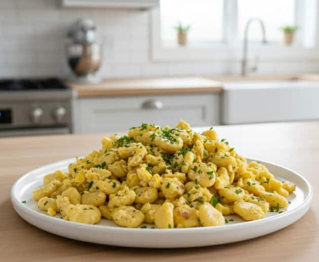 Găluște de făină cu ou pe o farfurie plată albă