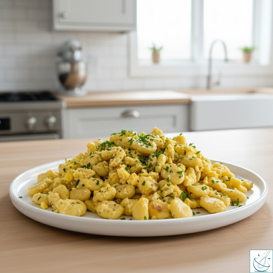 Găluște de făină cu ou pe o farfurie plată albă