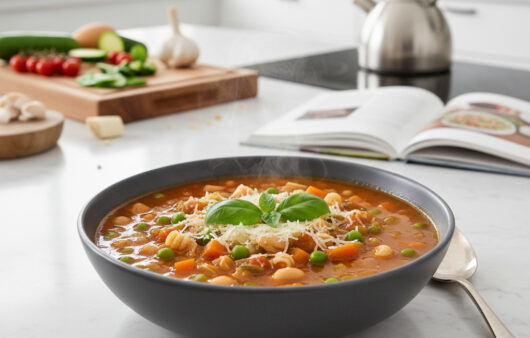 Bol cu supă Minestrone autentică, plină de legume proaspete, fasole și paste, presărată cu parmezan.