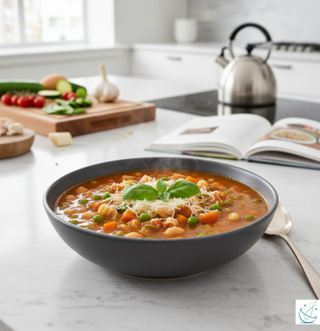 Bol cu supă Minestrone autentică, plină de legume proaspete, fasole și paste, presărată cu parmezan.