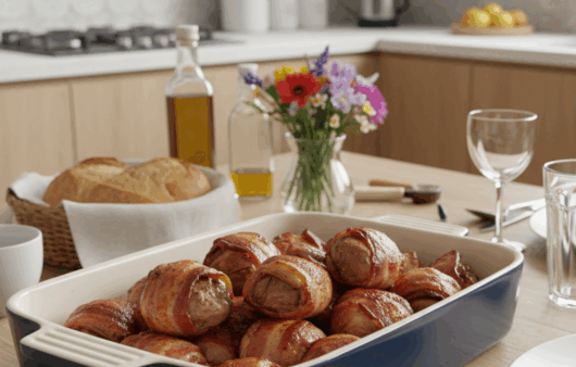 Tavă cu ficăței de pui în bacon rumeniți la cuptor