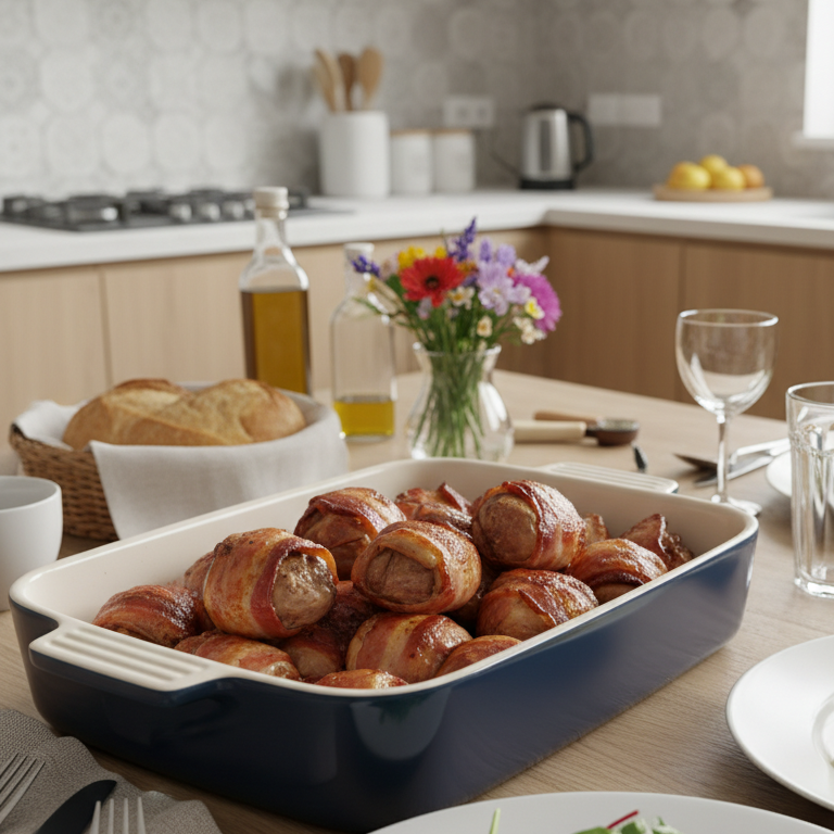 Tavă cu ficăței de pui în bacon rumeniți la cuptor