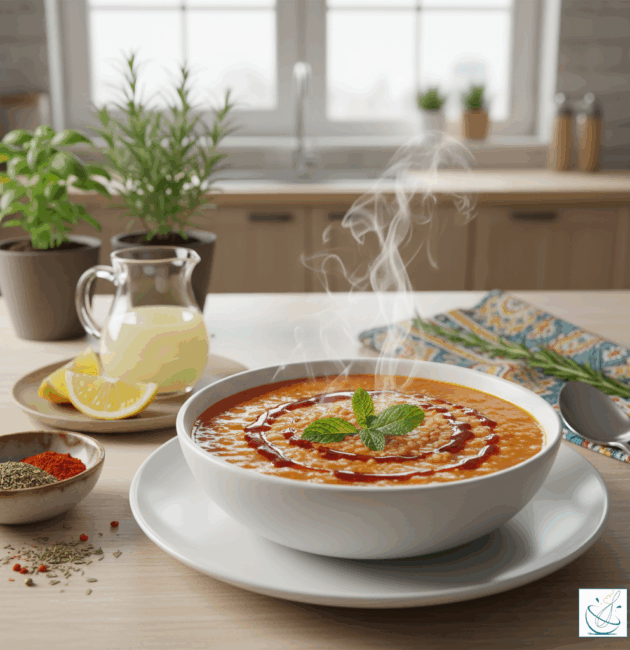 Supă turcească de linte roșie Ezogelin Çorbası servită într-un bol modern