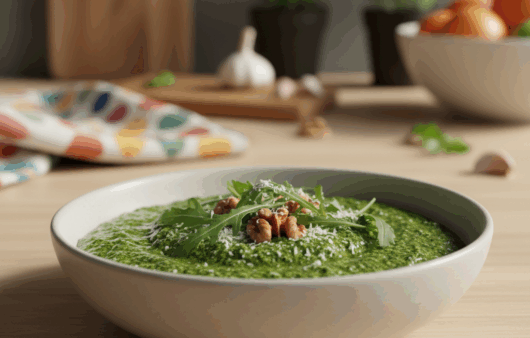 Bol cu pesto verde intens de rucola, decorat cu frunze proaspete, parmezan și nuci, pe fundal de bucătărie modernă