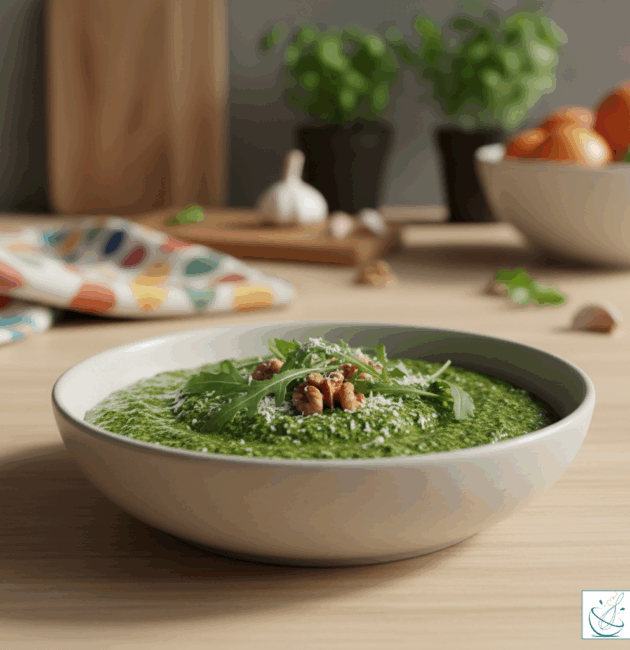 Bol cu pesto verde intens de rucola, decorat cu frunze proaspete, parmezan și nuci, pe fundal de bucătărie modernă