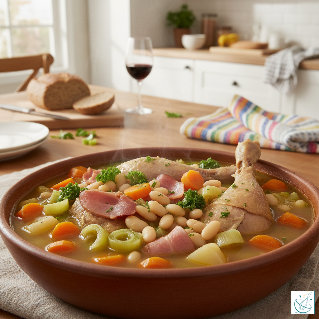 Supă țărănească franțuzească cu legume și carne fragedă, servită într-un bol rustic