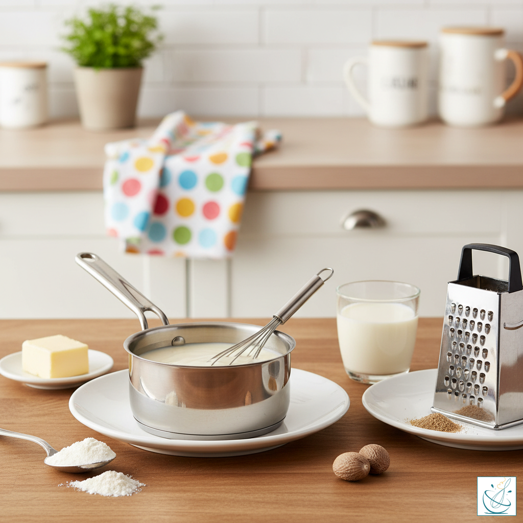 Sos Bechamel alb, cremos, într-o cratiță mică din inox, cu tel metalic