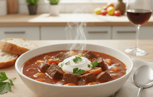 Gulaș cu carne fragedă de vită, legume colorate și găluște moi, servit într-un bol elegant