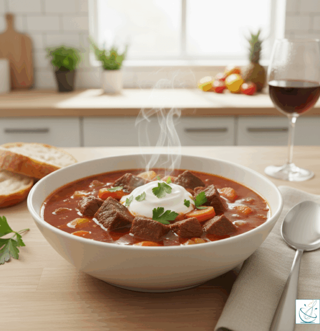 Gulaș cu carne fragedă de vită, legume colorate și găluște moi, servit într-un bol elegant