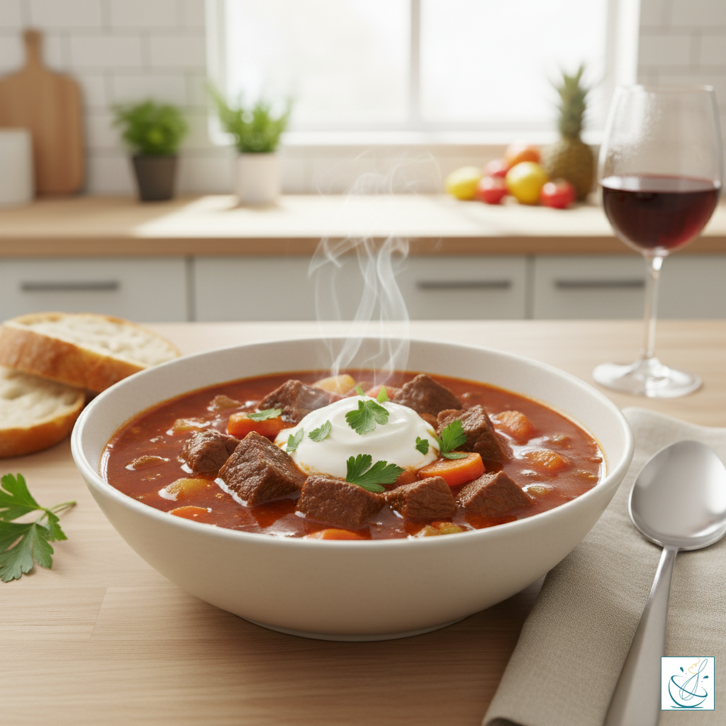 Gulaș cu carne fragedă de vită, legume colorate și găluște moi, servit într-un bol elegant