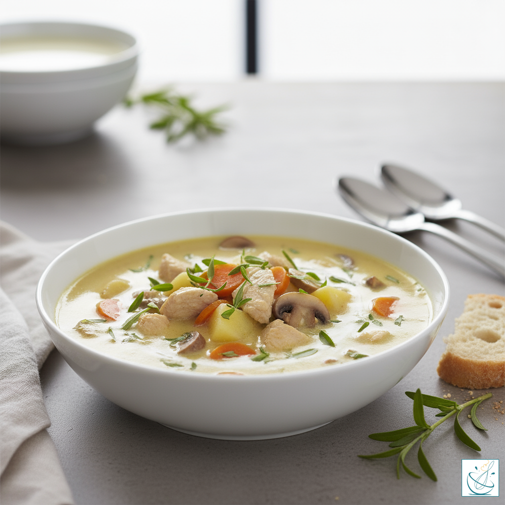 Supă ragu de pui cu tarhon, morcovi, mazăre și ciuperci, servită într-un bol modern