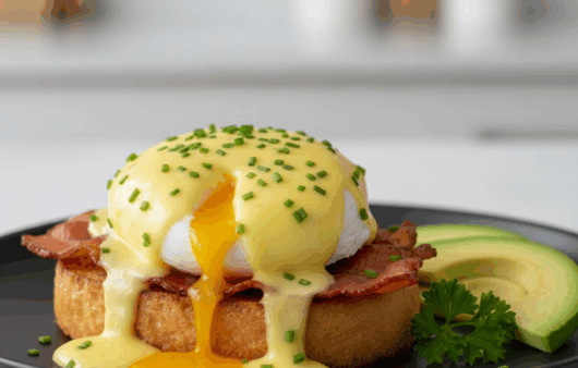 Ouă Benedict cu sos olandez, bacon și pâine prăjită, servite pe o farfurie elegantă
