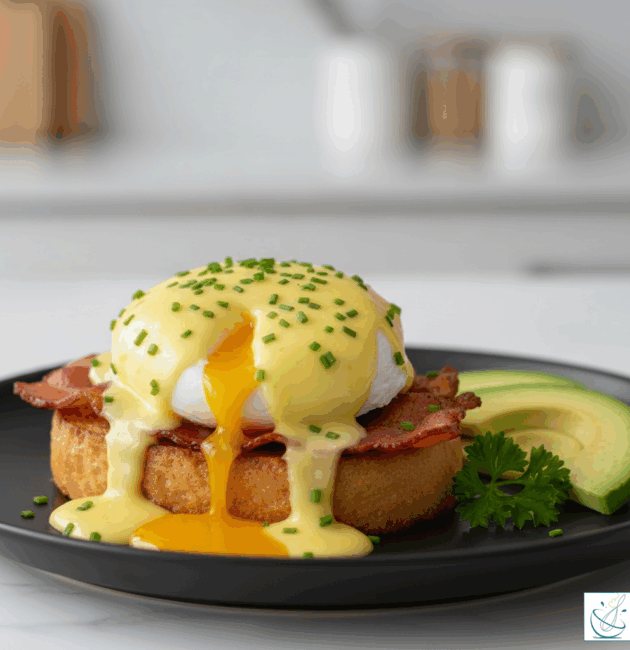 Ouă Benedict cu sos olandez, bacon și pâine prăjită, servite pe o farfurie elegantă