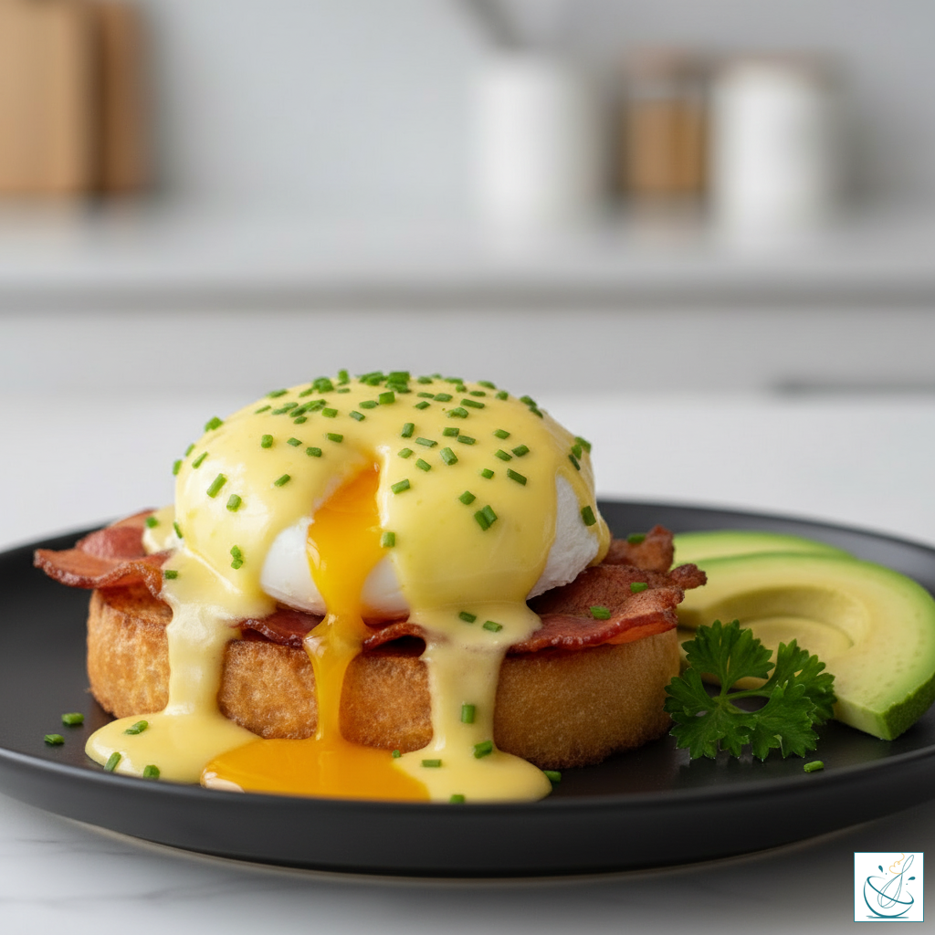 Ouă Benedict cu sos olandez, bacon și pâine prăjită, servite pe o farfurie elegantă