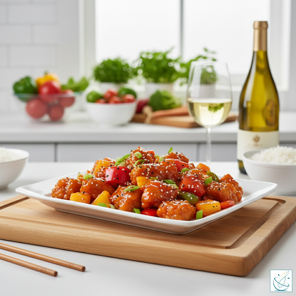 Piept de pui dulce-acrișor cu legume colorate pe farfurie plată modernă