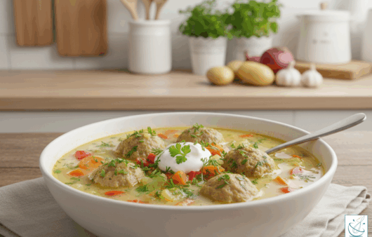 Ciorbă modernă cu perișoare din ovăz, fasole verde, mazăre și ierburi aromatice