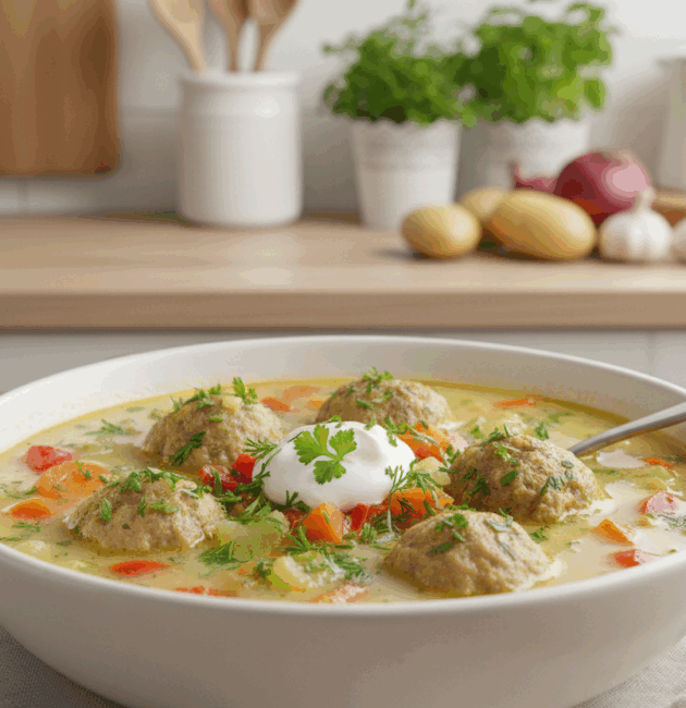 Ciorbă modernă cu perișoare din ovăz, fasole verde, mazăre și ierburi aromatice