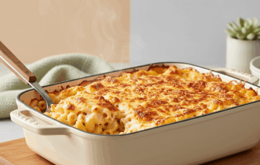 Mac and cheese cremos și rumenit, servit într-o tavă dreptunghiulară ceramică bej deschis, cu brânza topită vizibil și marginile gratinate.