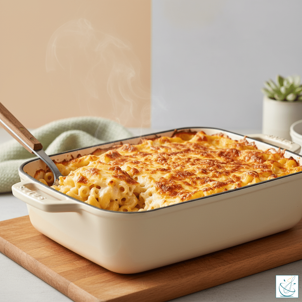 Mac and cheese cremos și rumenit, servit într-o tavă dreptunghiulară ceramică bej deschis, cu brânza topită vizibil și marginile gratinate.