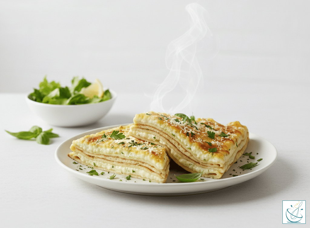 Clătite sărate, gratinate cu brânză de oaie și smântână, servite calde pe o farfurie albă