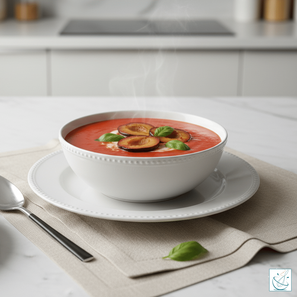 Supă de roșii cremoasă cu prune și busuioc proaspăt, servită în bol alb elegant