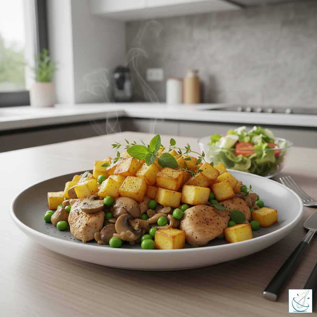 Friptură brașoveană din piept de pui cu ciuperci și mazăre, servită caldă într-un vas modern