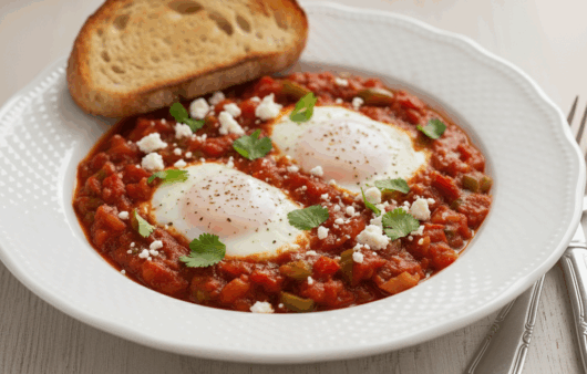Ghiveci oriental shakshuka cu ouă în sos de roșii și ardei