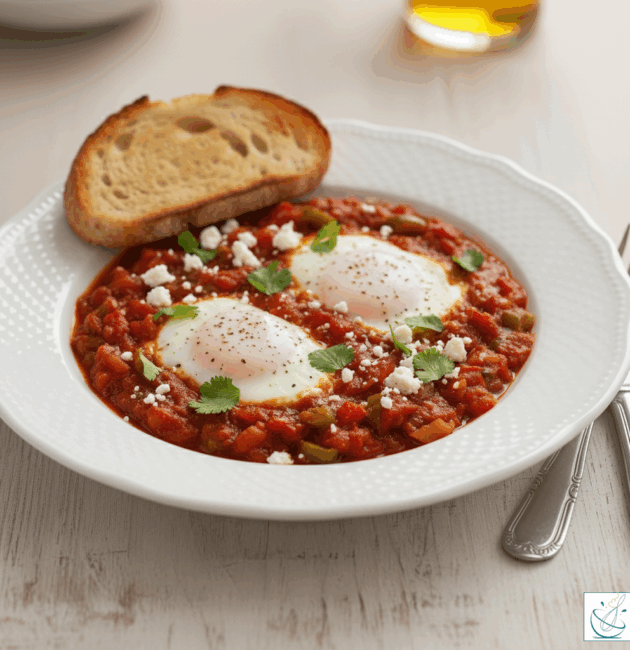 Ghiveci oriental shakshuka cu ouă în sos de roșii și ardei