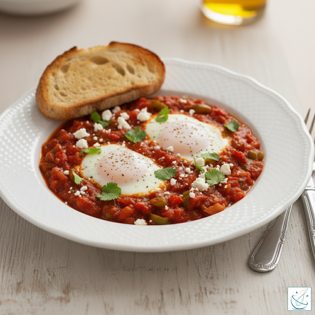 Ghiveci oriental shakshuka cu ouă în sos de roșii și ardei