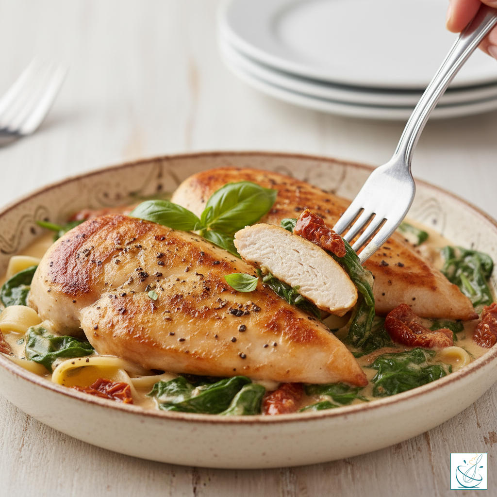 Pui toscan cremos cu sos de smântână, parmezan, ciuperci și roșii cherry