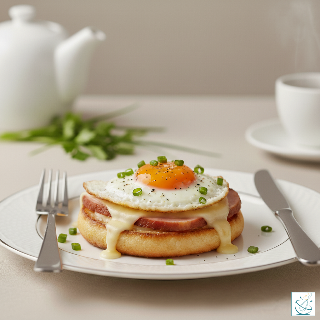 Sandviș cald la tigaie cu ou ochi, cașcaval topit și cotlet afumat, servit pe farfurie albă elegantă