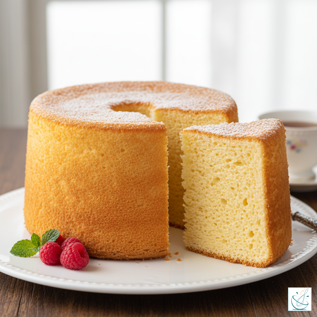 Prăjitură Chiffon aurie, pufoasă, servită pe platou alb într-o bucătărie modernă