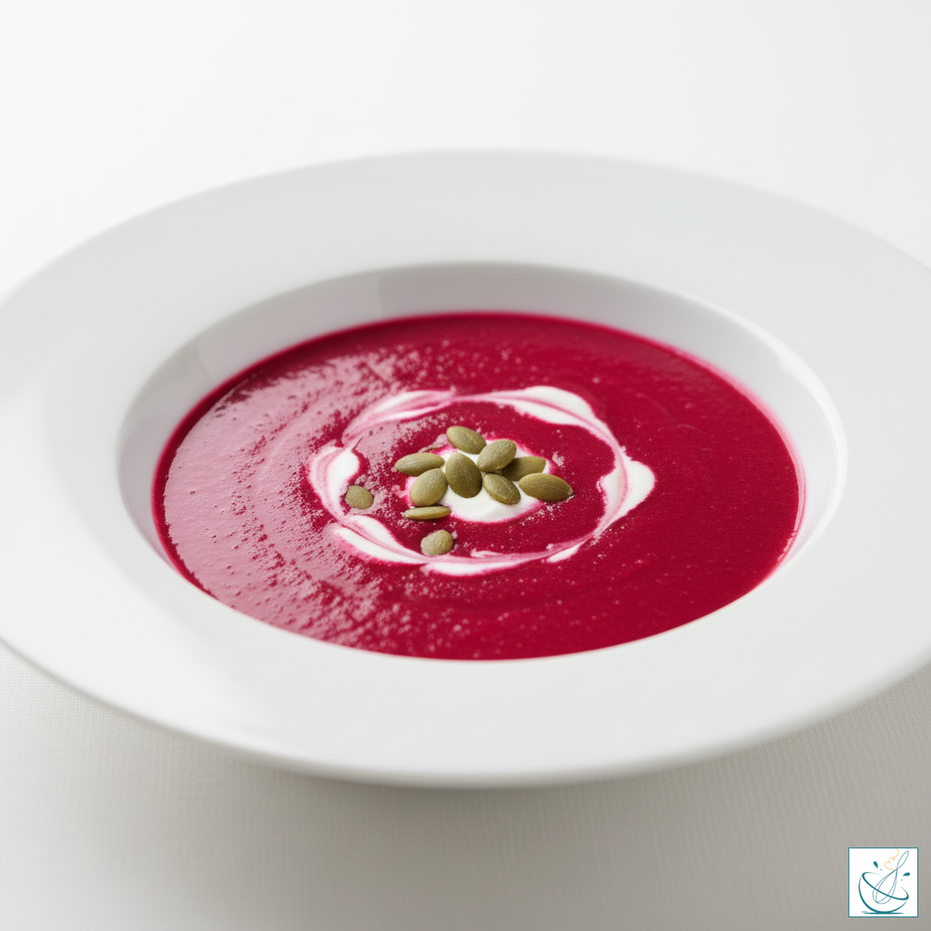 Supă cremă de sfeclă roșie cu smântână și semințe de dovleac, servită într-o farfurie albă