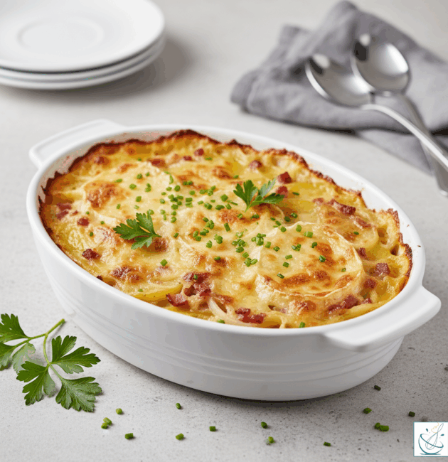 Tartiflette – cartofi gratinați cu brânză topită și bacon, serviți într-o tavă albă