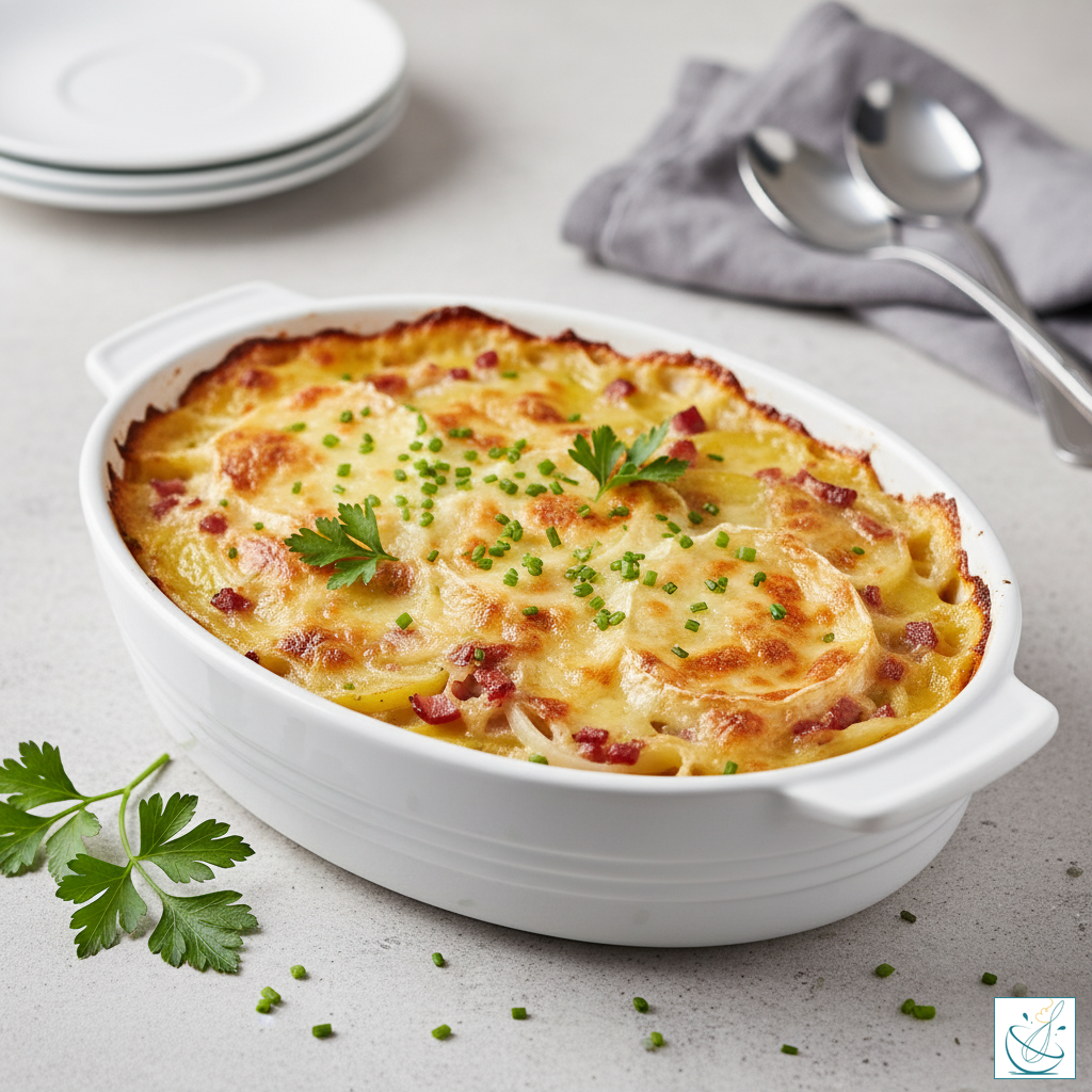 Tartiflette – cartofi gratinați cu brânză topită și bacon, serviți într-o tavă albă
