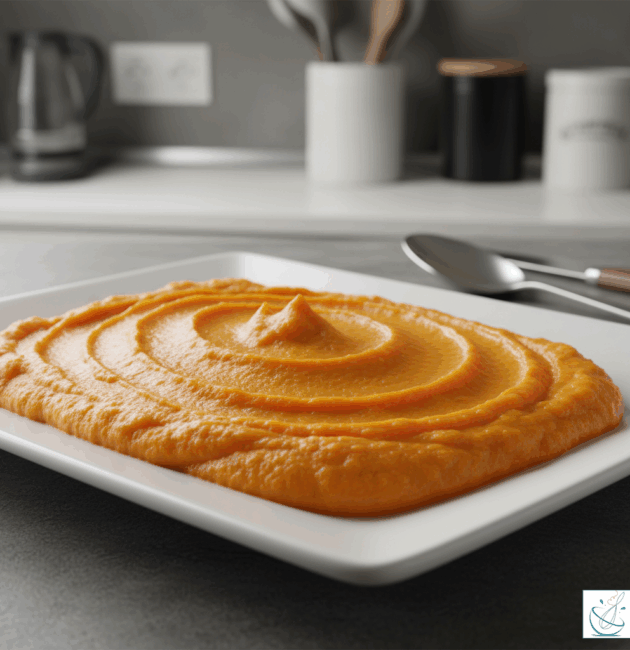 Piure de cartofi dulci cremos, servit pe un platou alb dreptunghiular, într-un decor minimalist de bucătărie modernă