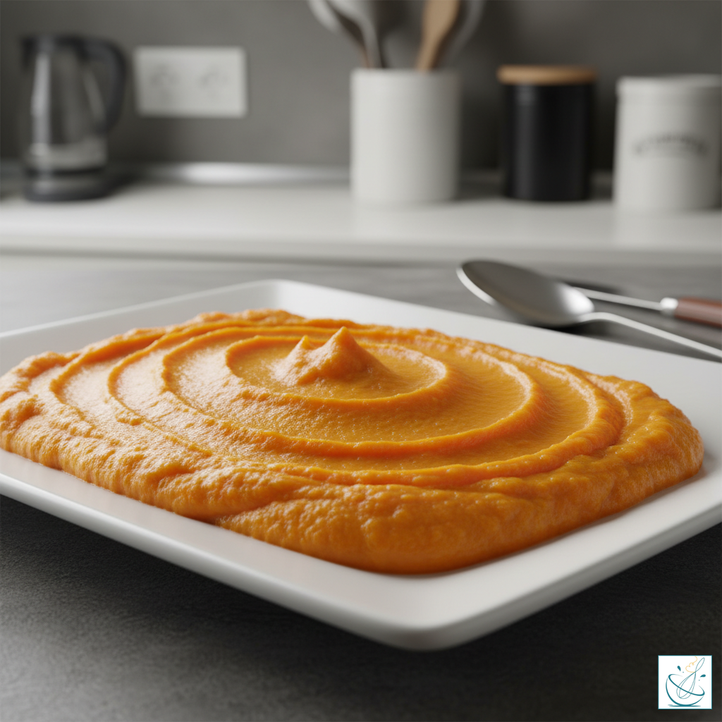 Piure de cartofi dulci cremos, servit pe un platou alb dreptunghiular, într-un decor minimalist de bucătărie modernă