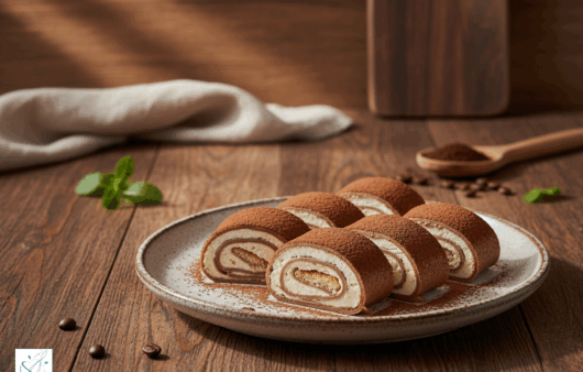 Clătite Tiramisu tăiate oblic, cu cremă vizibilă, în decor de bucătărie modernă
