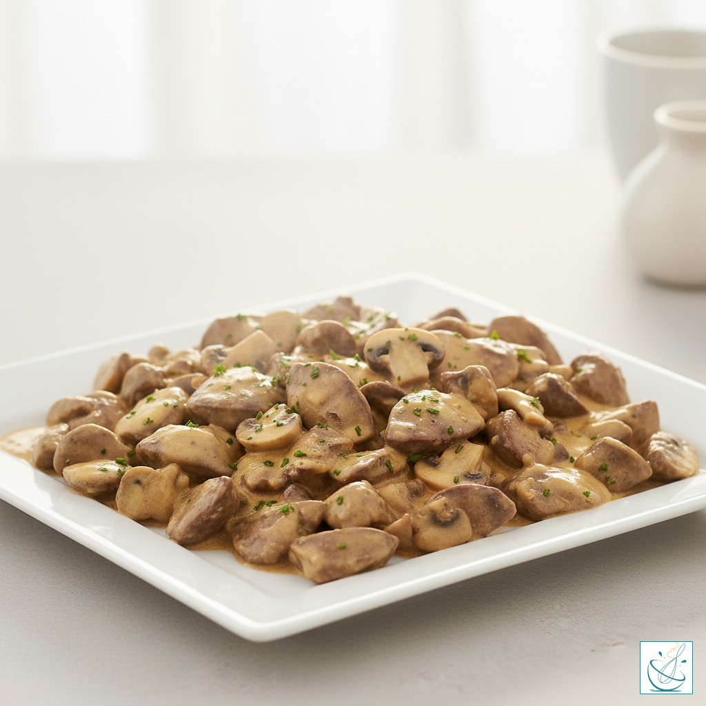 Ficăței în sos cremos, servit pe platou, cu fundal neutru