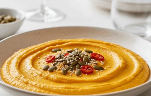 Hummus cremos de dovleac plăcintar, servit într-un bol modern, pe un blat de bucătărie